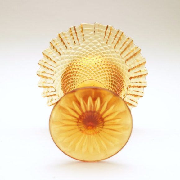 Vintage Amber Glass Pedestal Dish Crimped Ruffle Diamond Point Compote Dish - Picture 3 of 4